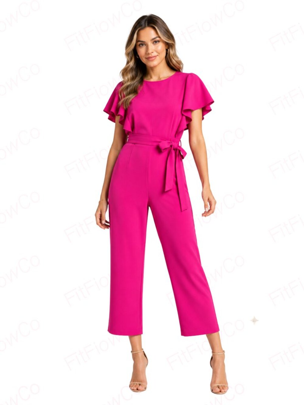 DKNY Fuchsia Cropped Wide Leg Flutter Sleeve Belted Jumpsuit Size 4